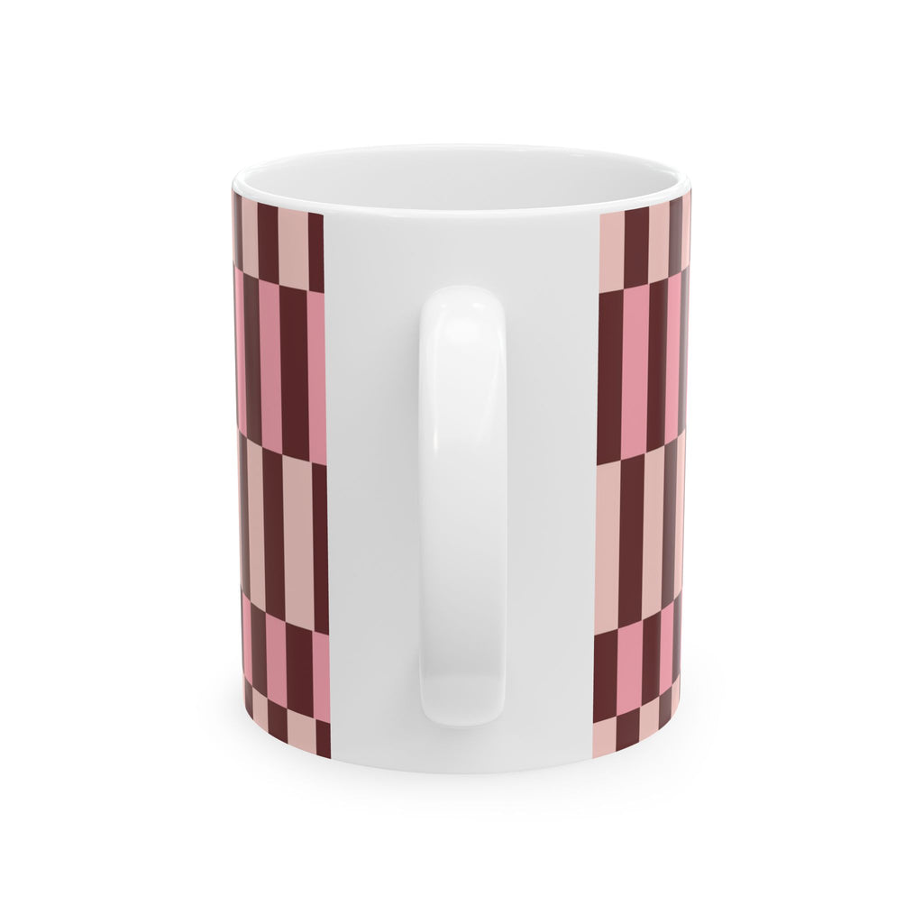 Pink Geometric Checkerboard Ceramic Mug — Retro Stripe Pattern (11oz & 15oz)