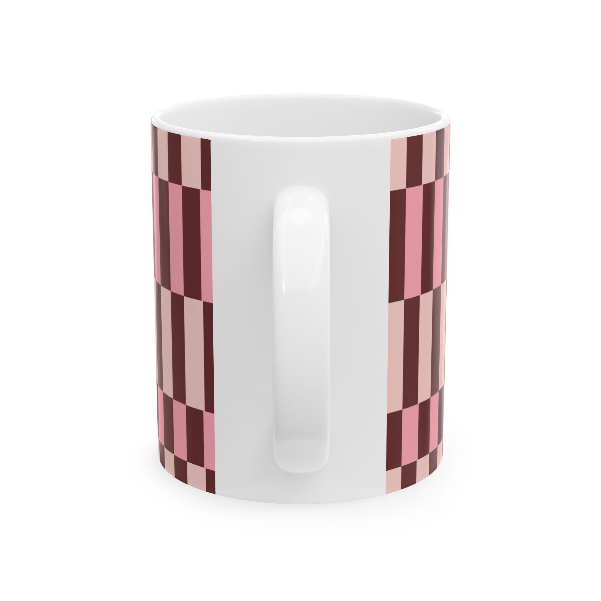 Pink Geometric Checkerboard Ceramic Mug — Retro Stripe Pattern (11oz & 15oz)