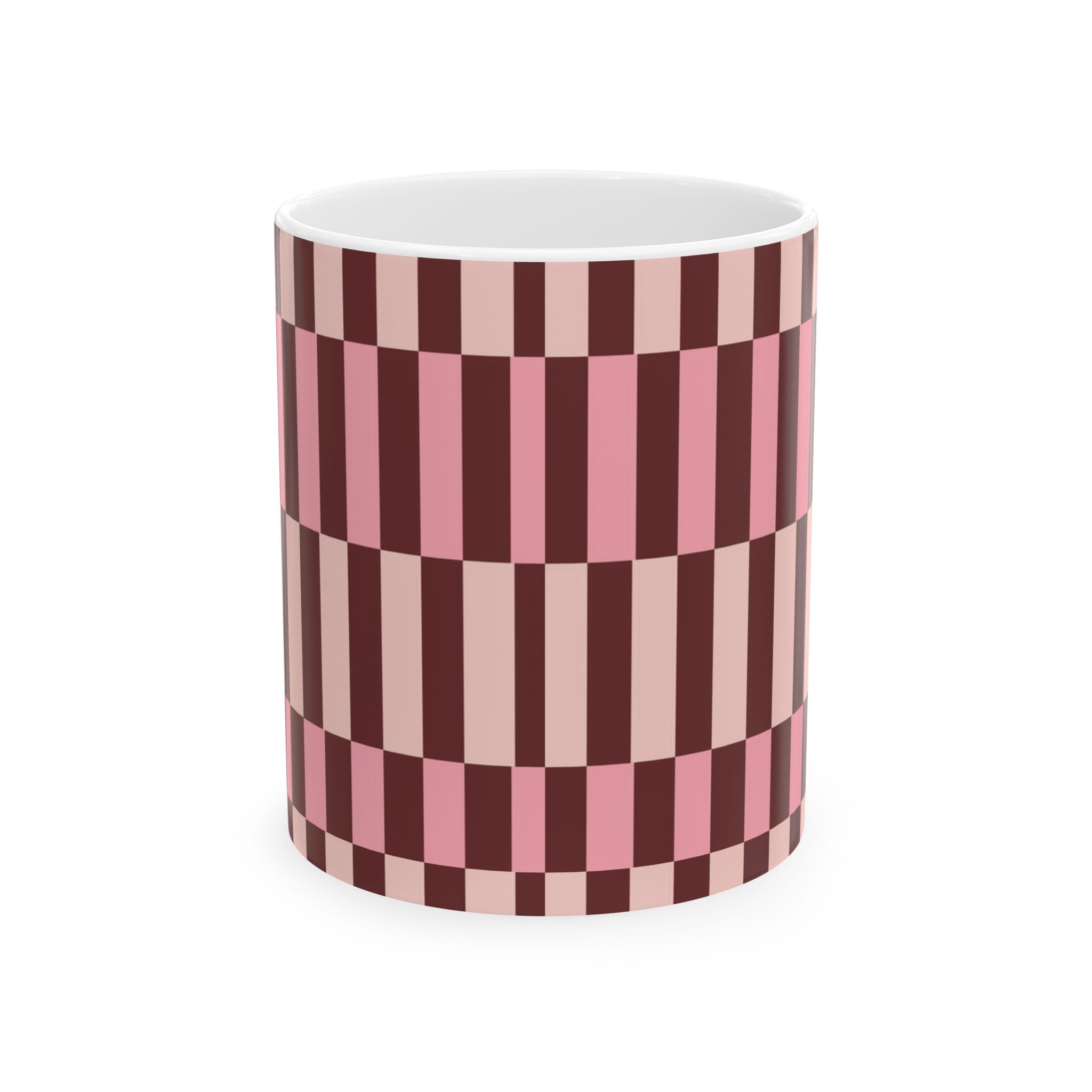 Pink Geometric Checkerboard Ceramic Mug — Retro Stripe Pattern (11oz & 15oz)