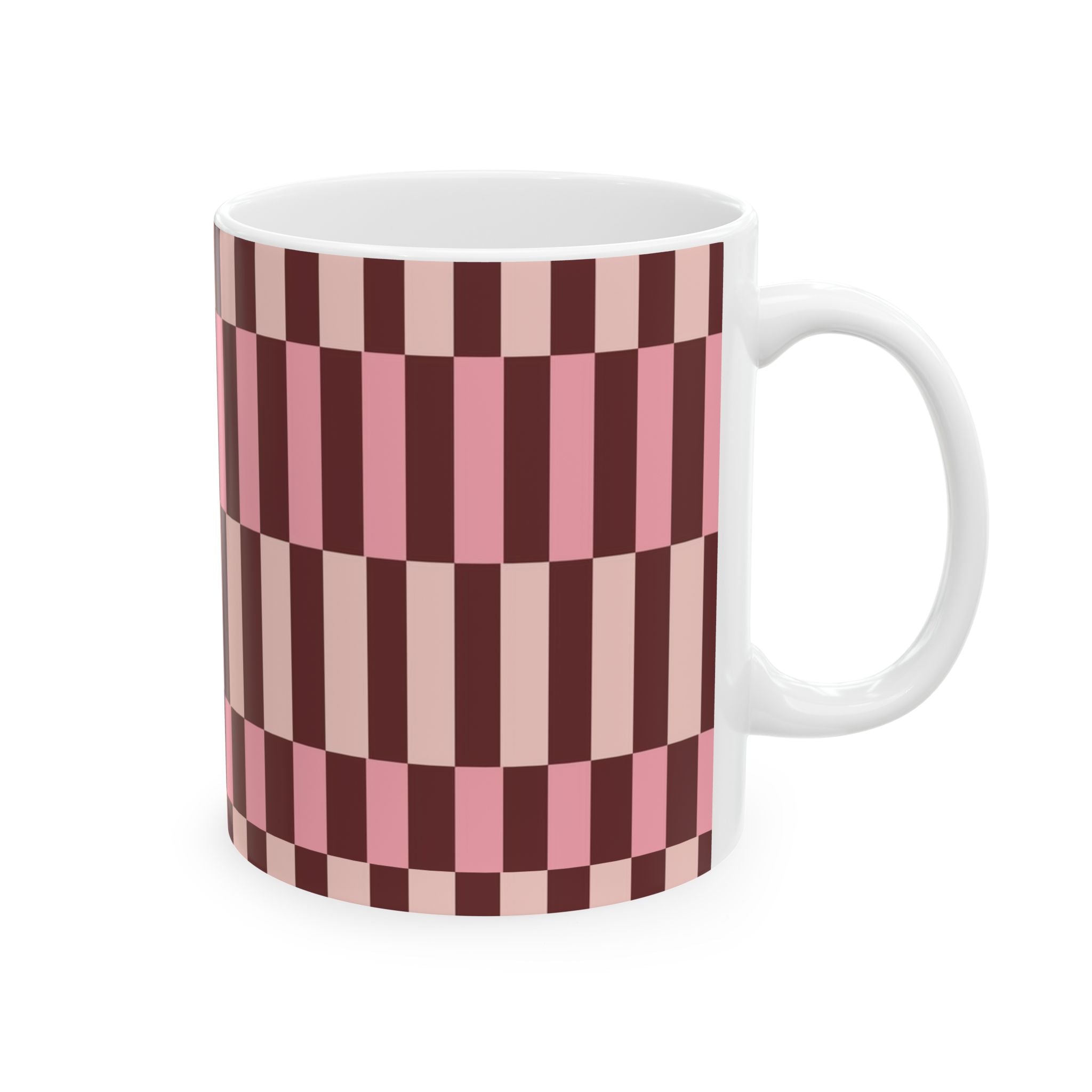 Pink Geometric Checkerboard Ceramic Mug — Retro Stripe Pattern (11oz & 15oz)