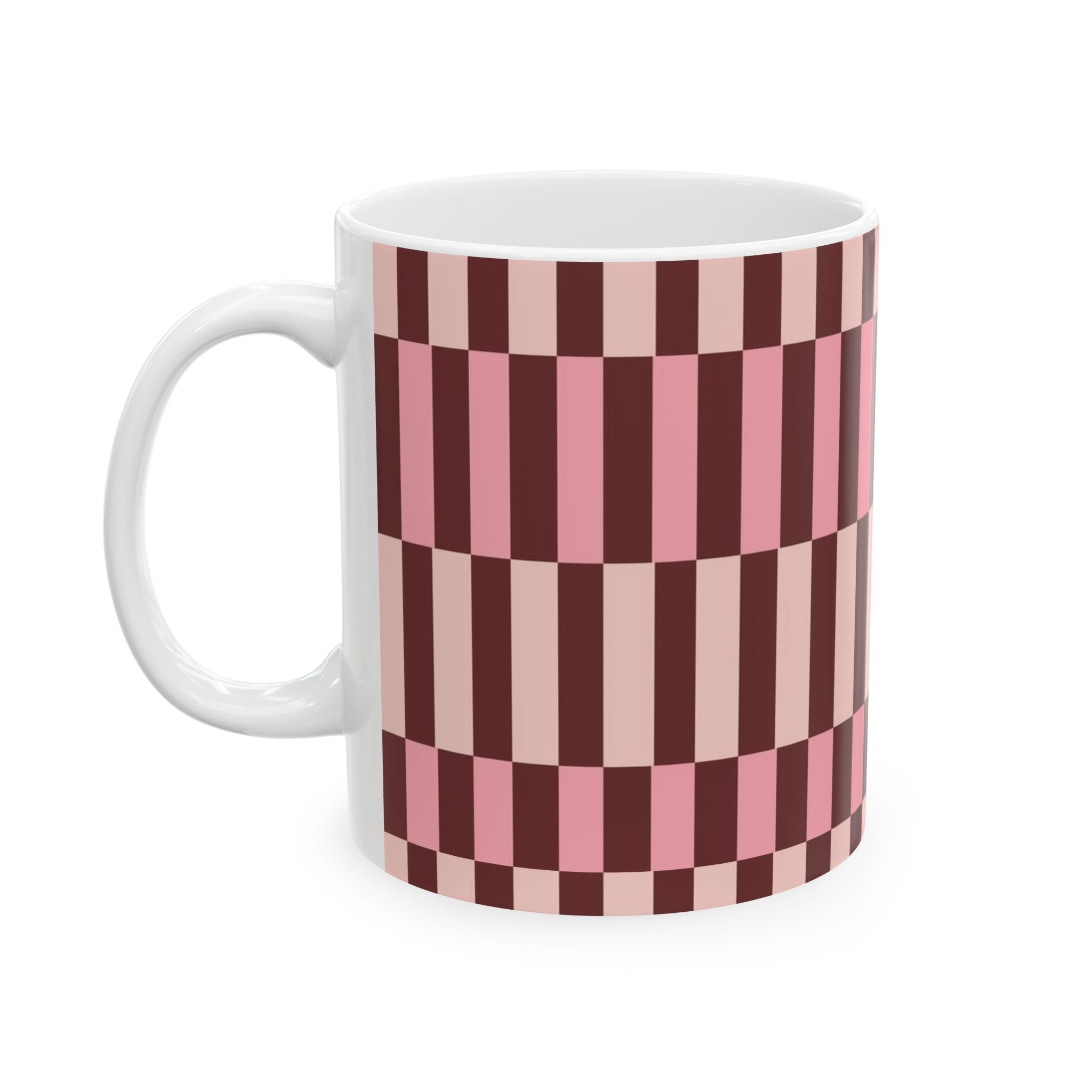 Pink Geometric Checkerboard Ceramic Mug — Retro Stripe Pattern (11oz & 15oz)