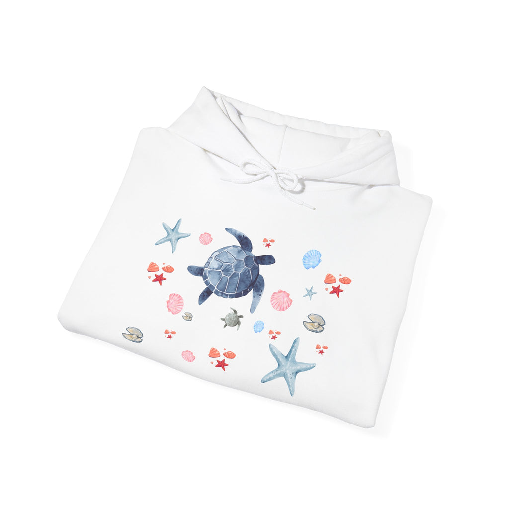 Sea Turtle & Shells Hoodie — Watercolor Ocean Whale Turtle Pullover