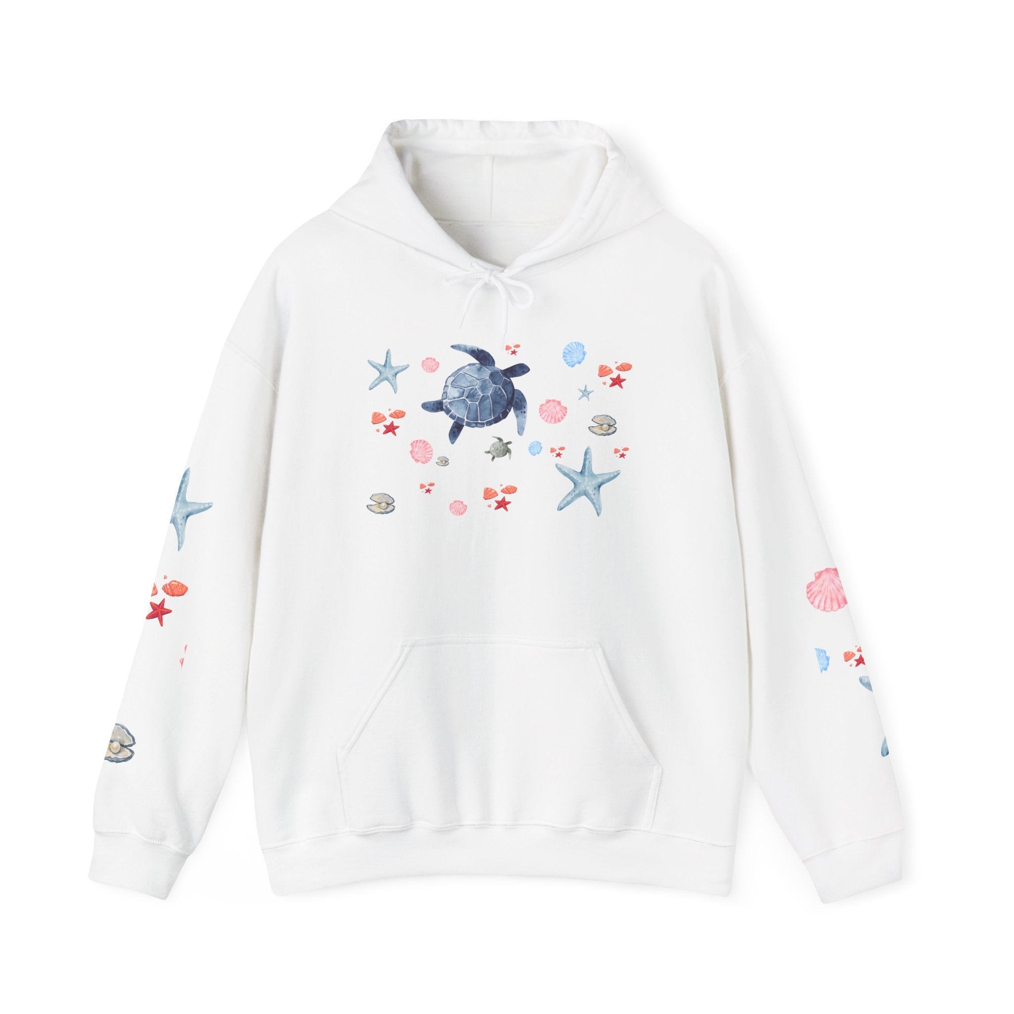 Sea Turtle & Shells Hoodie — Watercolor Ocean Whale Turtle Pullover