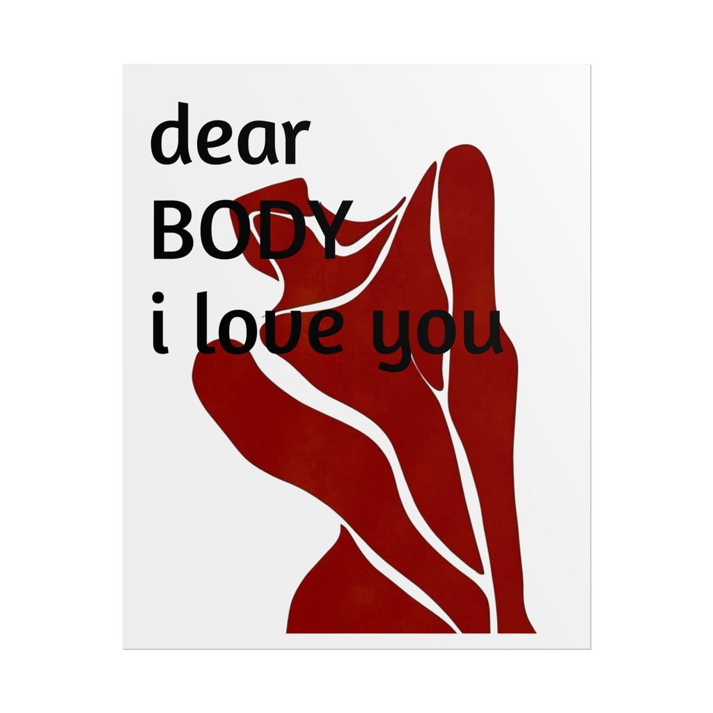 Dear Body I Love You Poster — Self-Love Red Silhouette Wall Art
